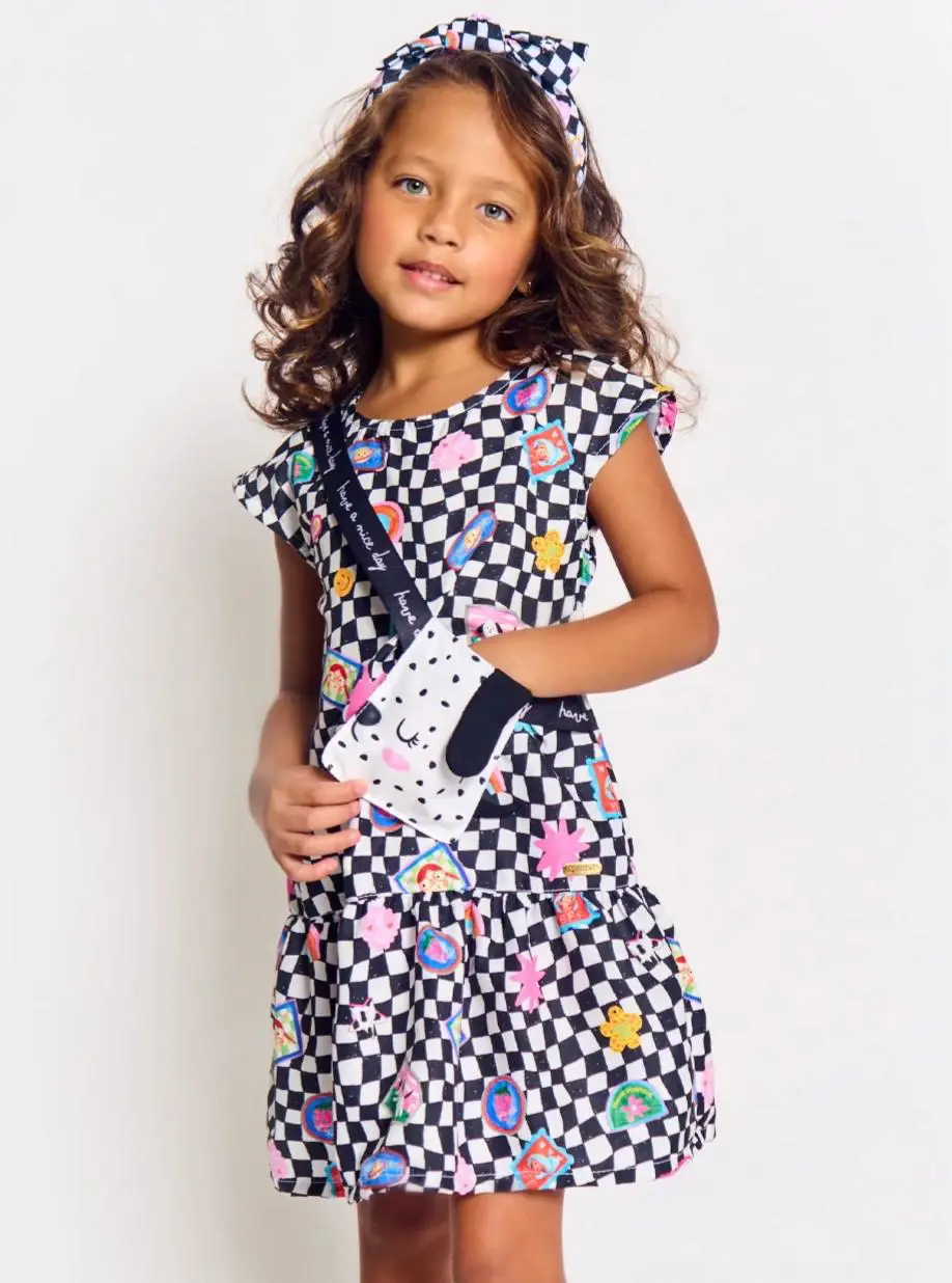 VESTIDO ALPHABETO COR XADREZ PRETO 