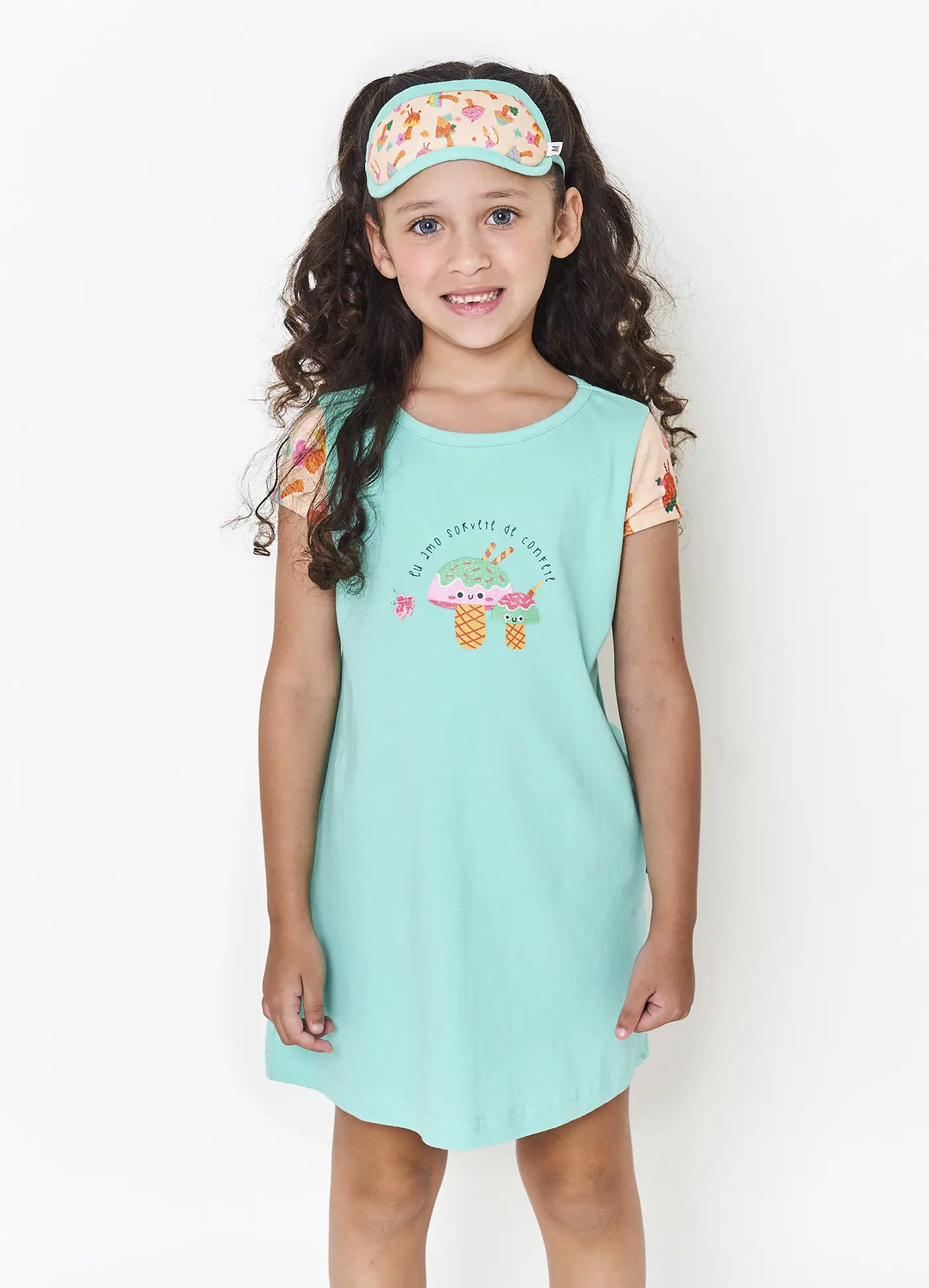 CAMISOLA COM TAPA OLHO PARA DESCANSO TEMA SORVETINHO CORES: ESMERALDA E LARANJA (