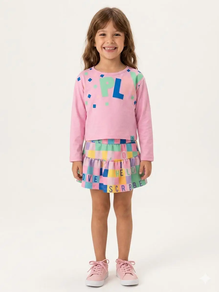 CONJUNTO DE BLUSA MANGA LONGA E SHORT SAIA SCRABBLE COR ROSA COM ESTAMPA