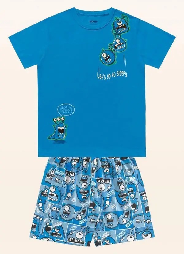 PIJAMA MASCULINO DE CAMISETA E BERMUDA FAKINI COR AZUL 