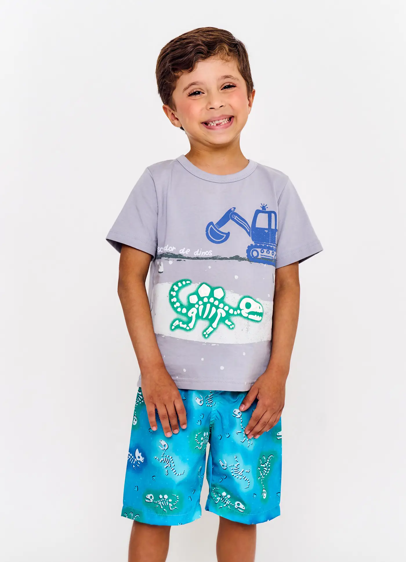 CONJ CAMISETA E BERMUDA ALPHABETO ESTAMPADO CORES CINZA/AZUL