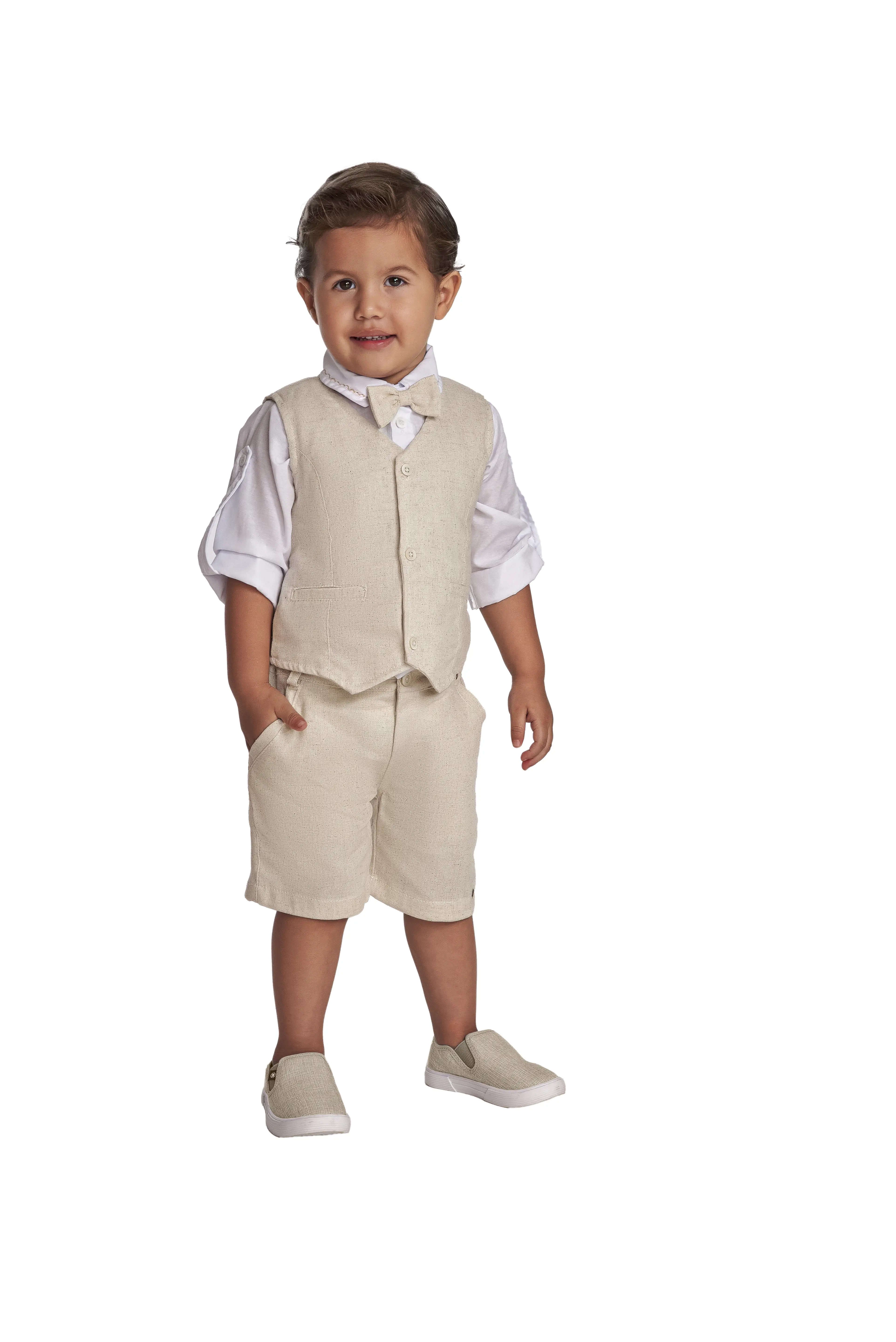 CONJUNTO CINCO PECAS CAMISA, COLETE, GRAVATINHA  E BERMUDA SOCIAL CORES BEGE E BRANCO