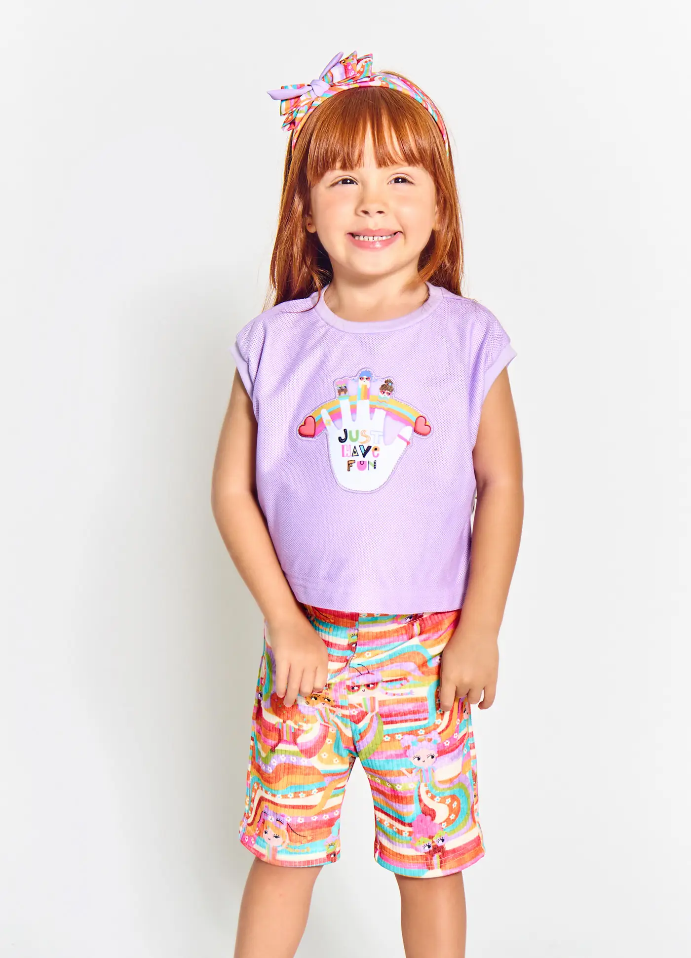 CONJ BLUSA+SHORT ALPHABETO CORES ROXO BB/LARANJA COLEÇÃO ESCONDE ESCONDE