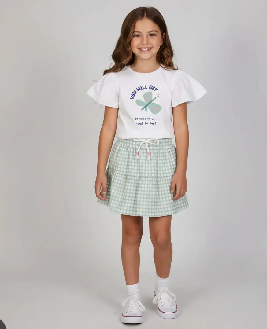 CONJ BLUSA MANGA CURTA E SAIA TMX COR XADREZ VERDE