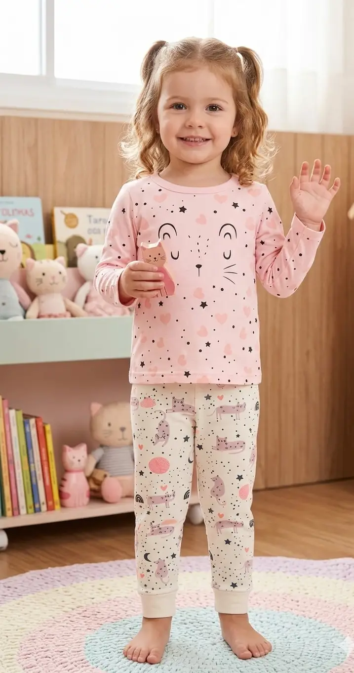 PIJAMA BLUSA MANGA COM CALCA FEMININO ALPHABETO CORES ROSA/OFF WHITE