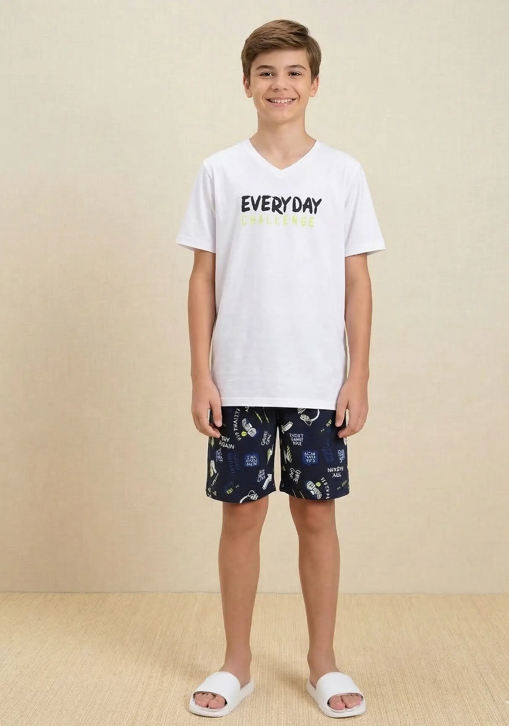 PIJAMA MASCULINO CURTO CORES BRANCO/MARINHO P701 1