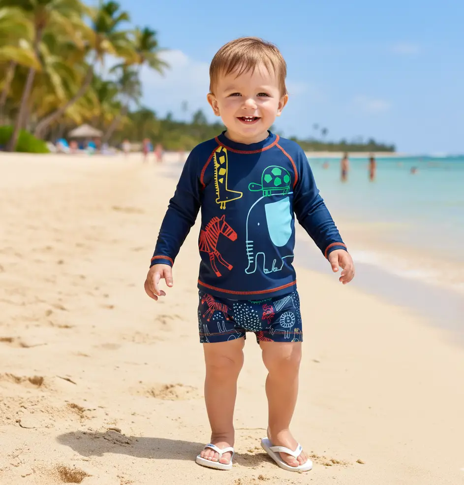 TRIO PRAIA 1 CAMISETA DE PROTECAO SOLAR E 2 SHORTS DE PRAIA COR MARINHO TEMA BICHINHOS DO ZOO