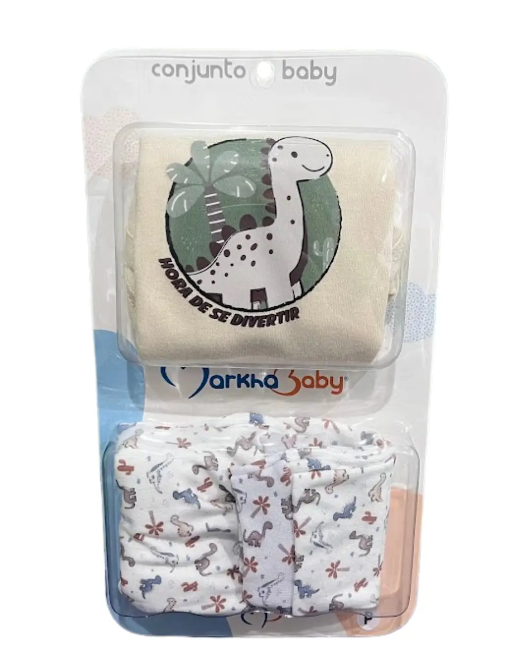 KIT BODY COM CALCA TEMA DINO CORES BEGE E BRANCO