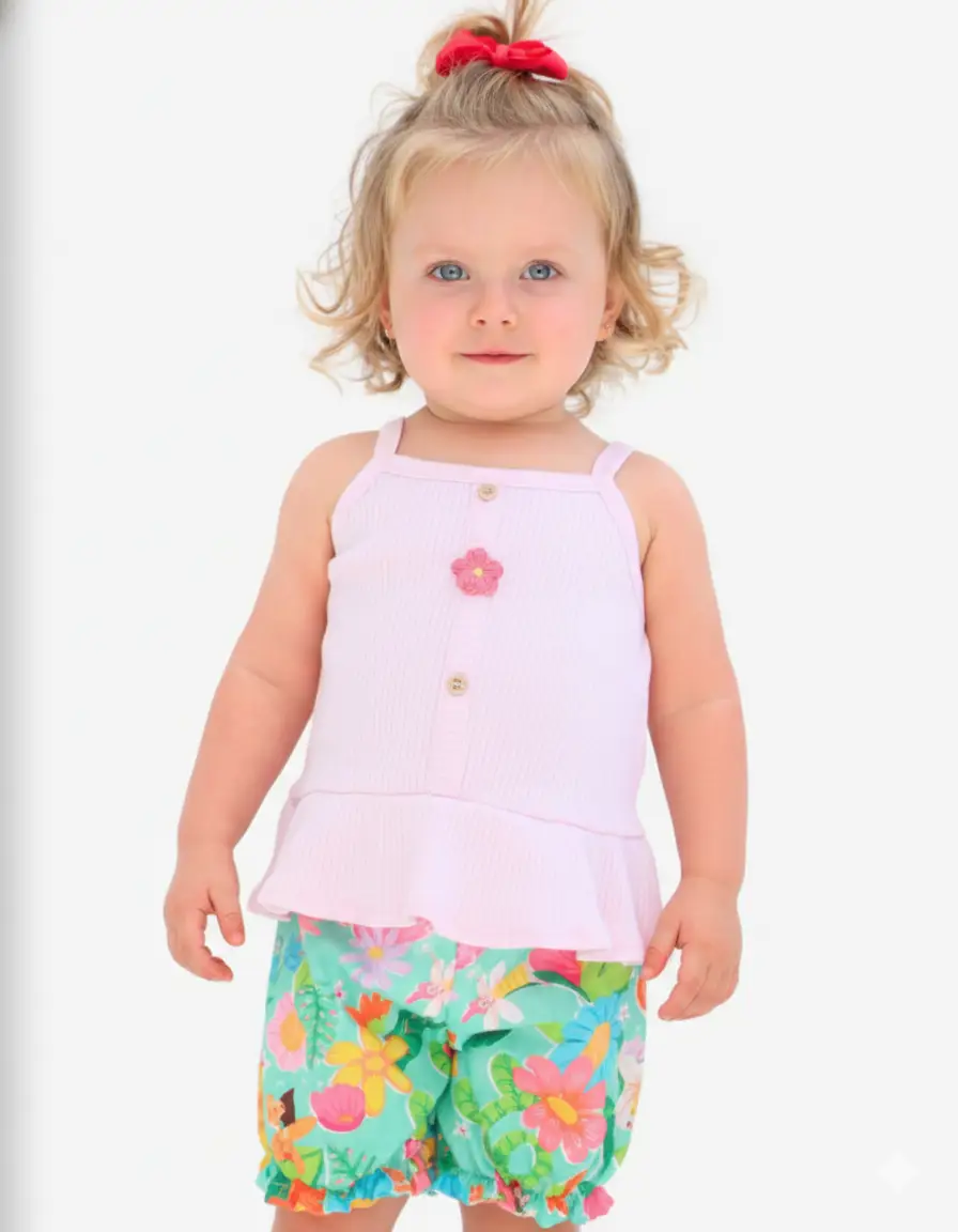 CONJ. BATINHA COM SHORT TEMA RECANTO DAS FADAS ESTAMPADO EM ROSA E VERDE