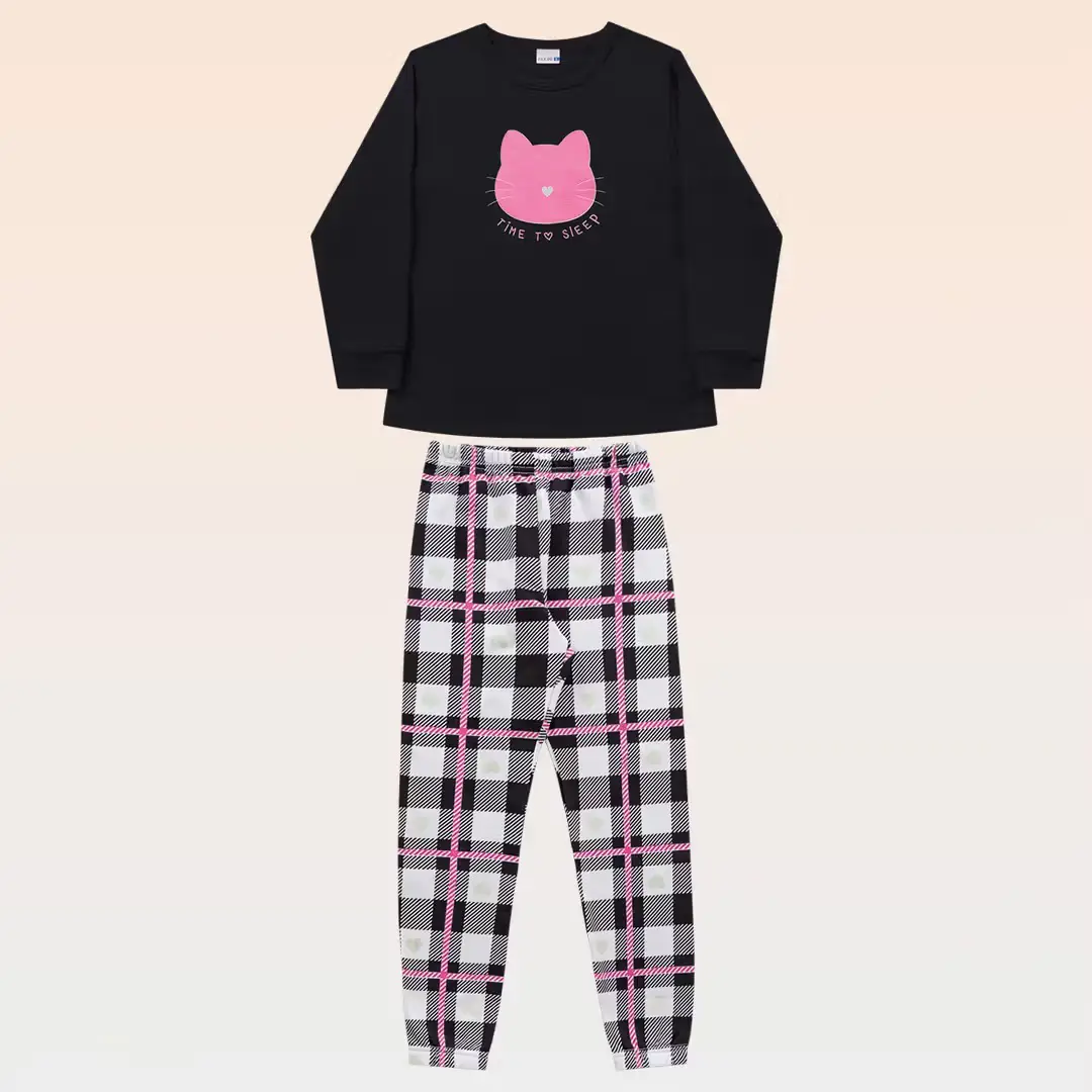 Miniatura PIJAMA LONGO FEMININO FAKINI CORES XADREZ/PRETO/ROSA  2