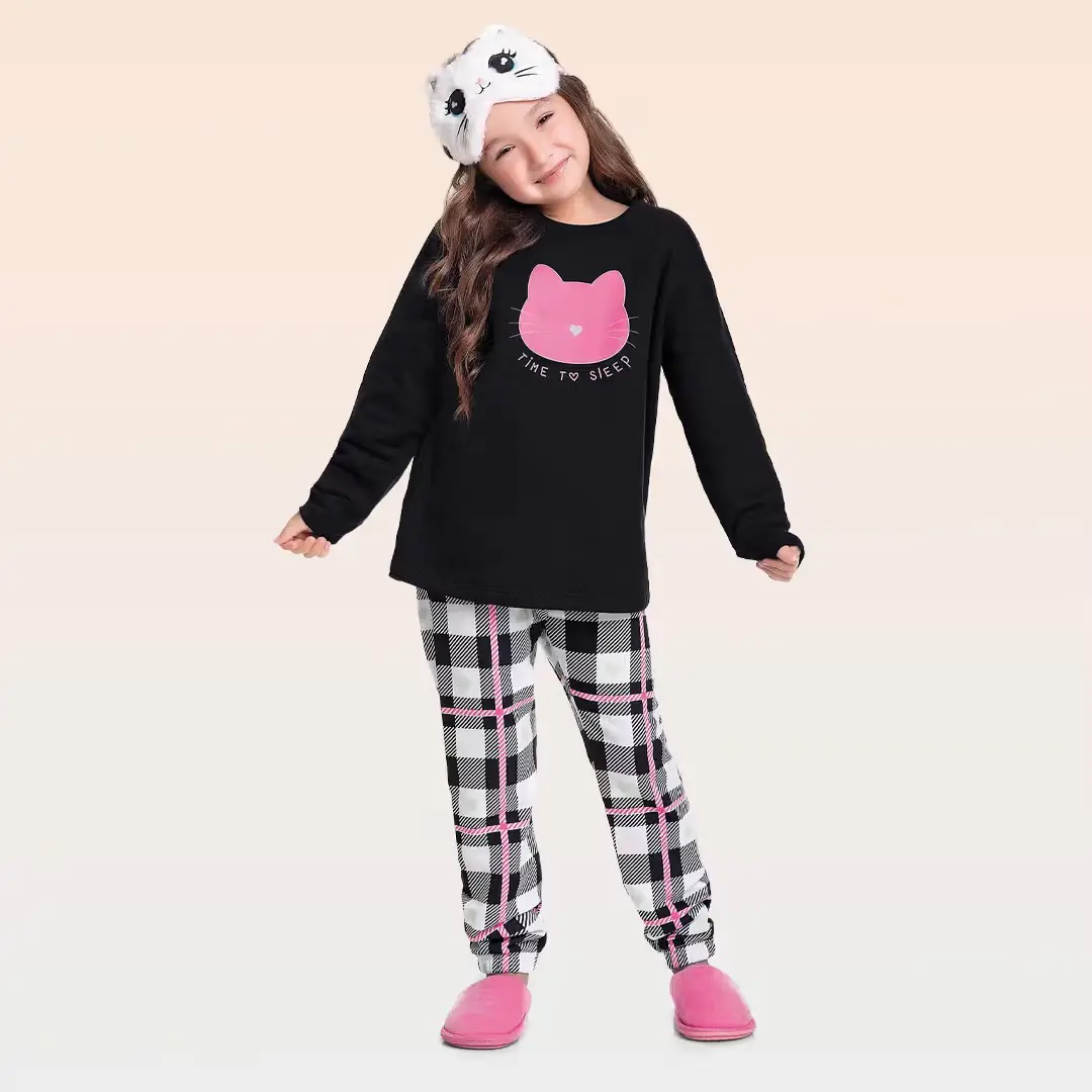 PIJAMA LONGO FEMININO FAKINI CORES XADREZ/PRETO/ROSA 