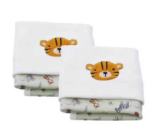 KIT COM 2 TOALHINHAS TEMA TIGRE TIKO CORES BRANCO, VERDE E LARANJA