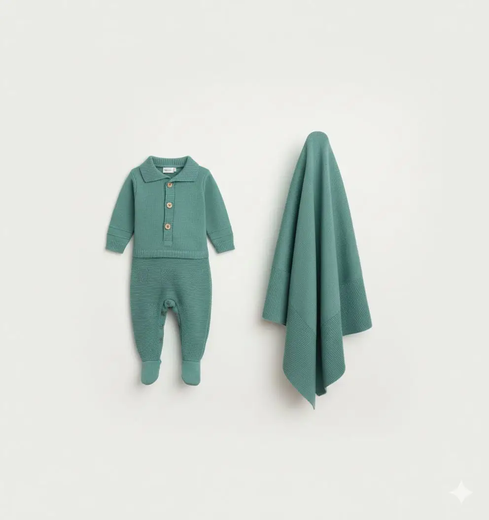 Miniatura KIT MACACAO E MANTA  TERNURA EM TRICOT TRABALHADO COR VERDE 3