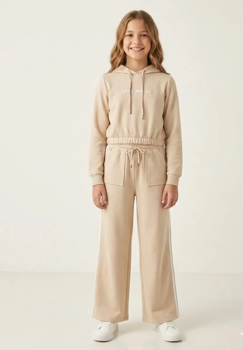 CONJ. BLUSA E WIDE LEG COR BEGE